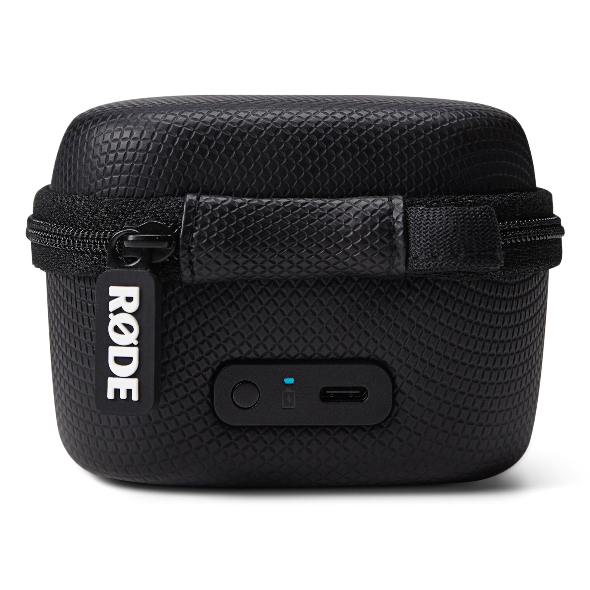 Røde OPLADNINGSÆTUI og Trådløs GO Gen3 opladningsetui i sort med lynlåstaske, USB-C port og frontindikatorlys.