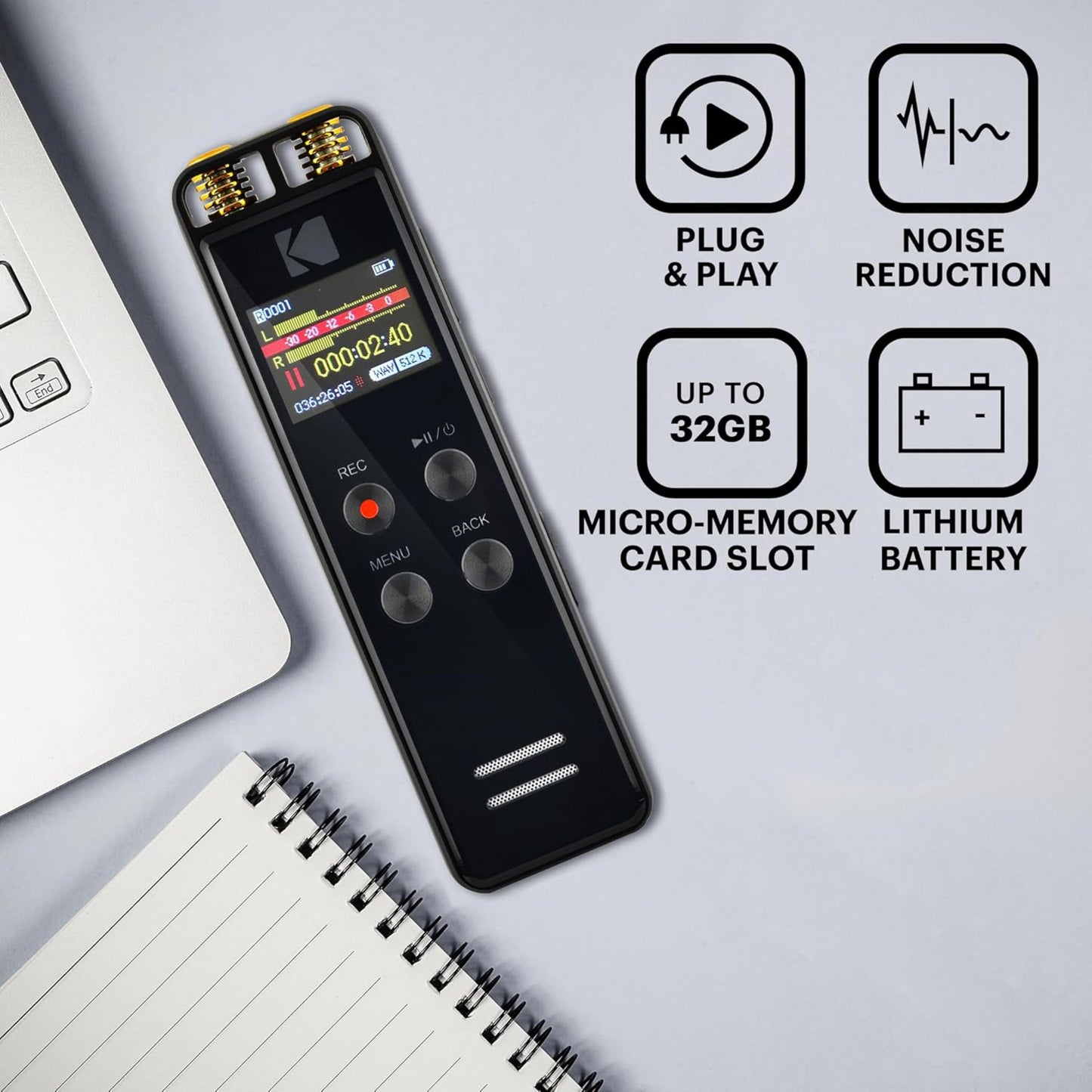 Kodak Diktafon VRC 550 sort ved laptop og notesbog, ikoner for VOX, støjreduktion, 32GB micro-slot, lithiumbatteri.