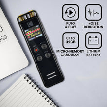 Kodak Diktafon VRC 550 sort ved laptop og notesbog, ikoner for VOX, støjreduktion, 32GB micro-slot, lithiumbatteri.