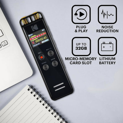 Kodak Diktafon VRC 550 sort ved laptop og notesbog, ikoner for VOX, støjreduktion, 32GB micro-slot, lithiumbatteri.