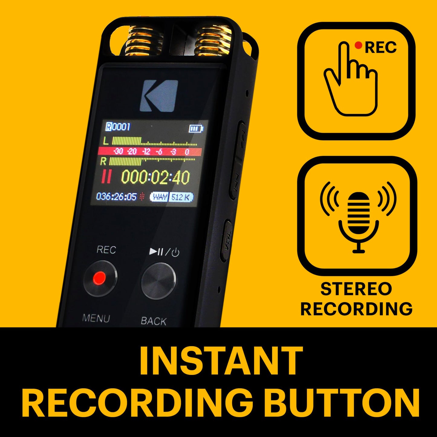 KODAK Diktafon VRC 550 med tændt display, ikon til øjeblikkelig optagelse, stereooptagelse, VOX stemmeaktivering.