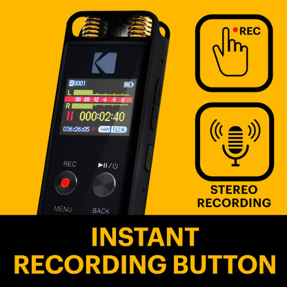 KODAK Diktafon VRC 550 med tændt display, ikon til øjeblikkelig optagelse, stereooptagelse, VOX stemmeaktivering.