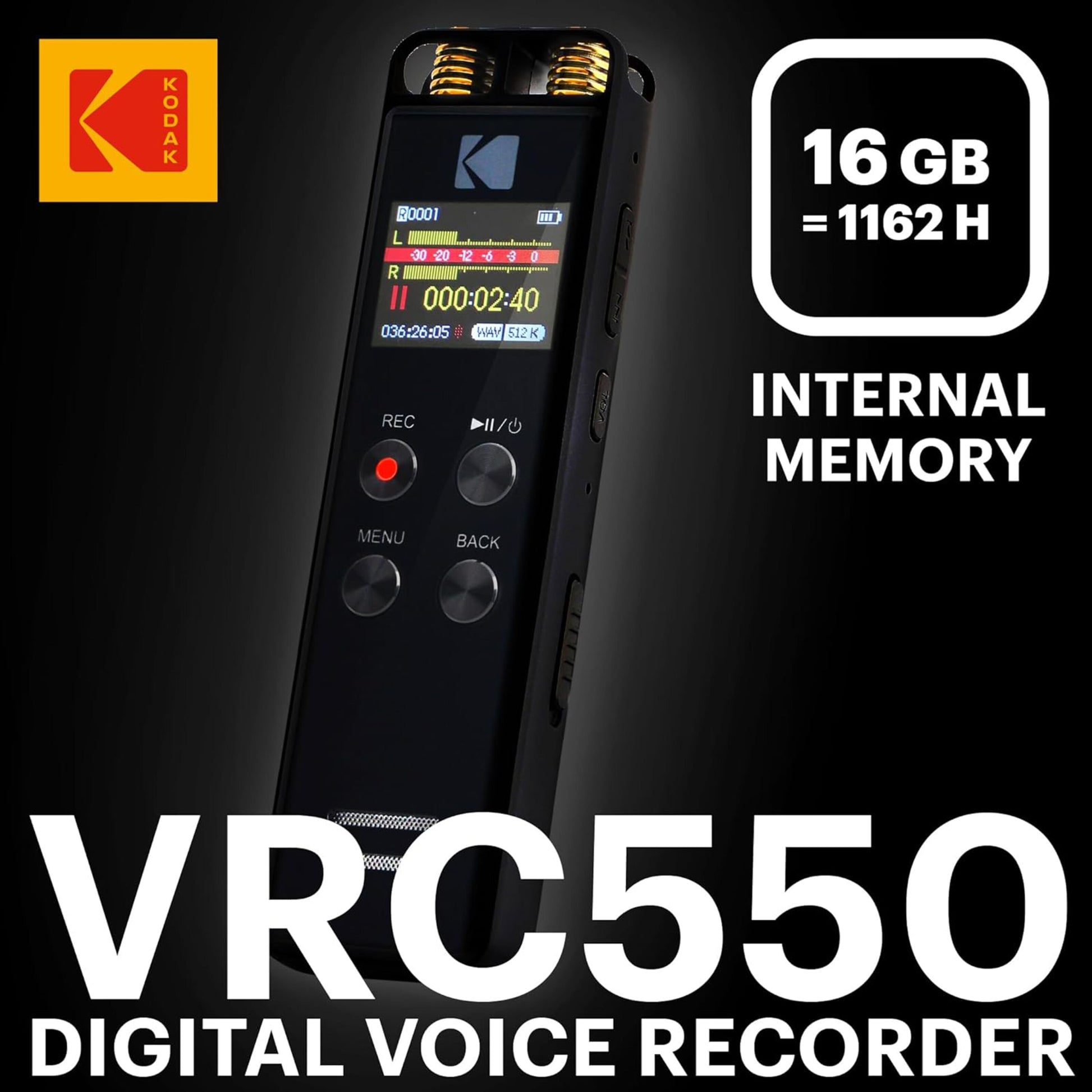 Kodak diktafon VRC 550 16GB, display, kontrolknapper, dobbelte mikrofoner, VOX optagelse, hvid tekst på sort display.
