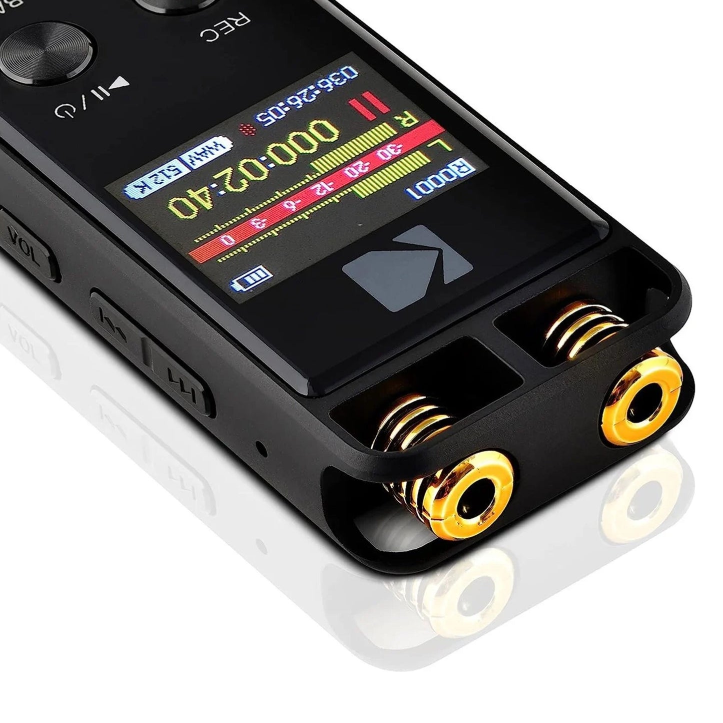 KODAK Diktafon VRC 550 med farvedisplay, optageinfo, kontrolknapper, to guld mikrofonporte og VOX stemmestyring.