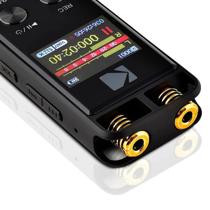 KODAK Diktafon VRC 550 med farvedisplay, optageinfo, kontrolknapper, to guld mikrofonporte og VOX stemmestyring.