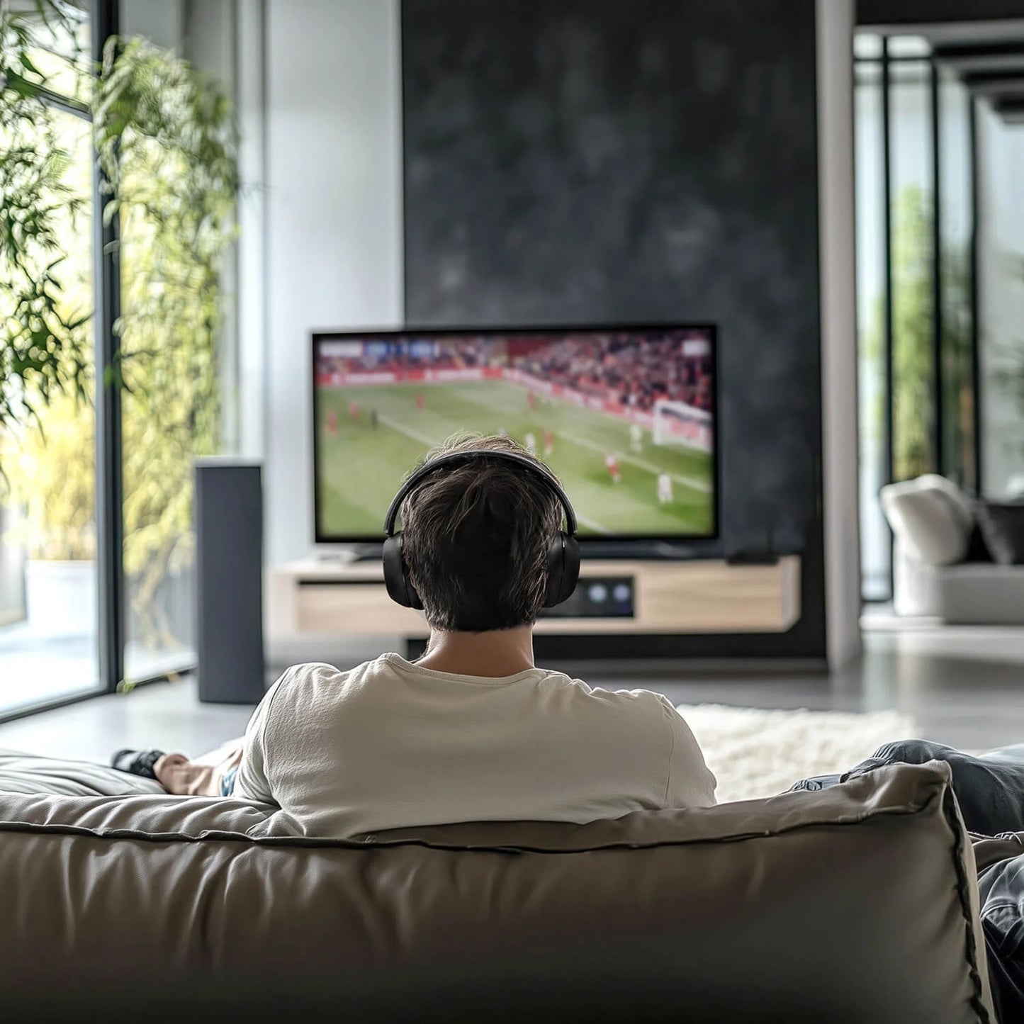 MIXX StreamQ Surround TV trådløse hovedtelefoner bæres af person foran stor TV med fodboldkamp og 3D surroundlyd.