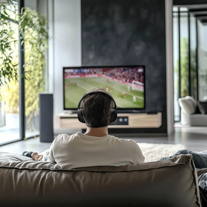 MIXX StreamQ Surround TV trådløse hovedtelefoner bæres af person foran stor TV med fodboldkamp og 3D surroundlyd.