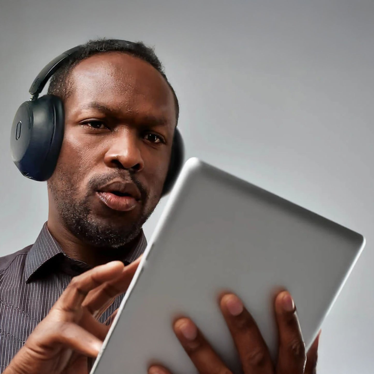MIXX StreamQ Surround TV trådløse hovedtelefoner bæres af mand iført mørk skjorte, rører ved tablet.