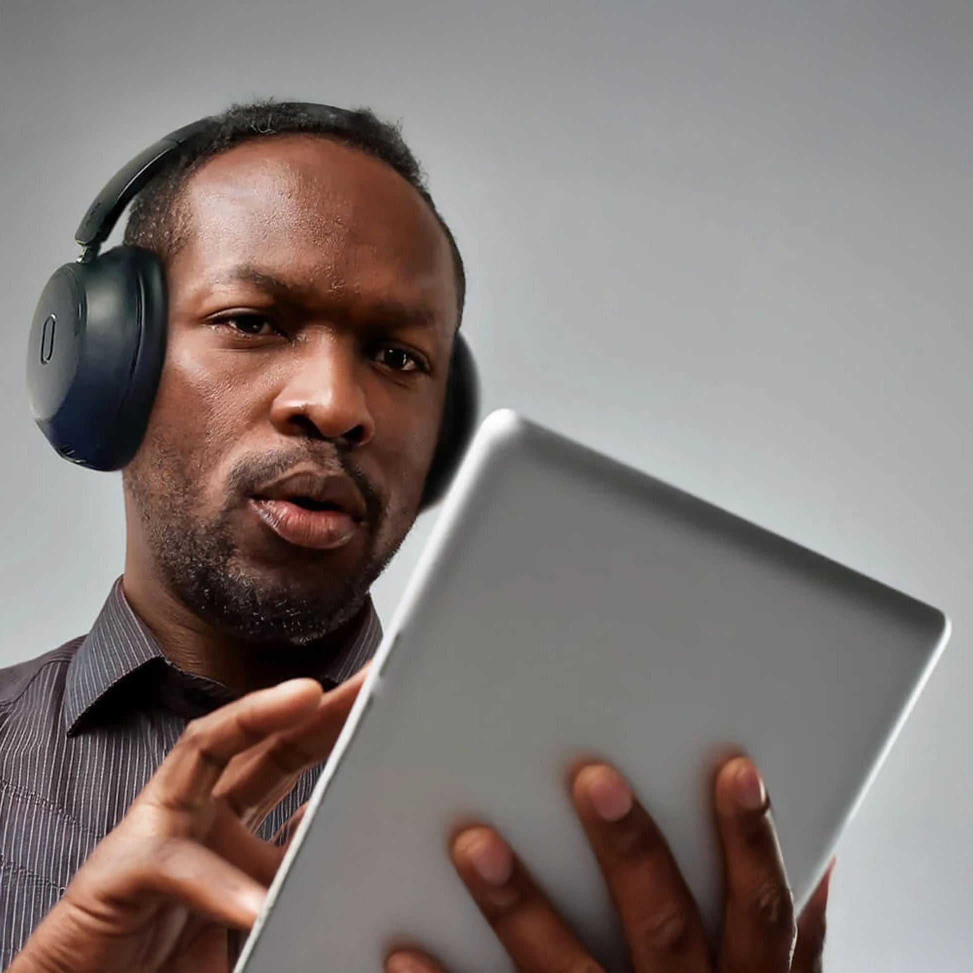 MIXX StreamQ Surround TV trådløse hovedtelefoner bæres af mand iført mørk skjorte, rører ved tablet.