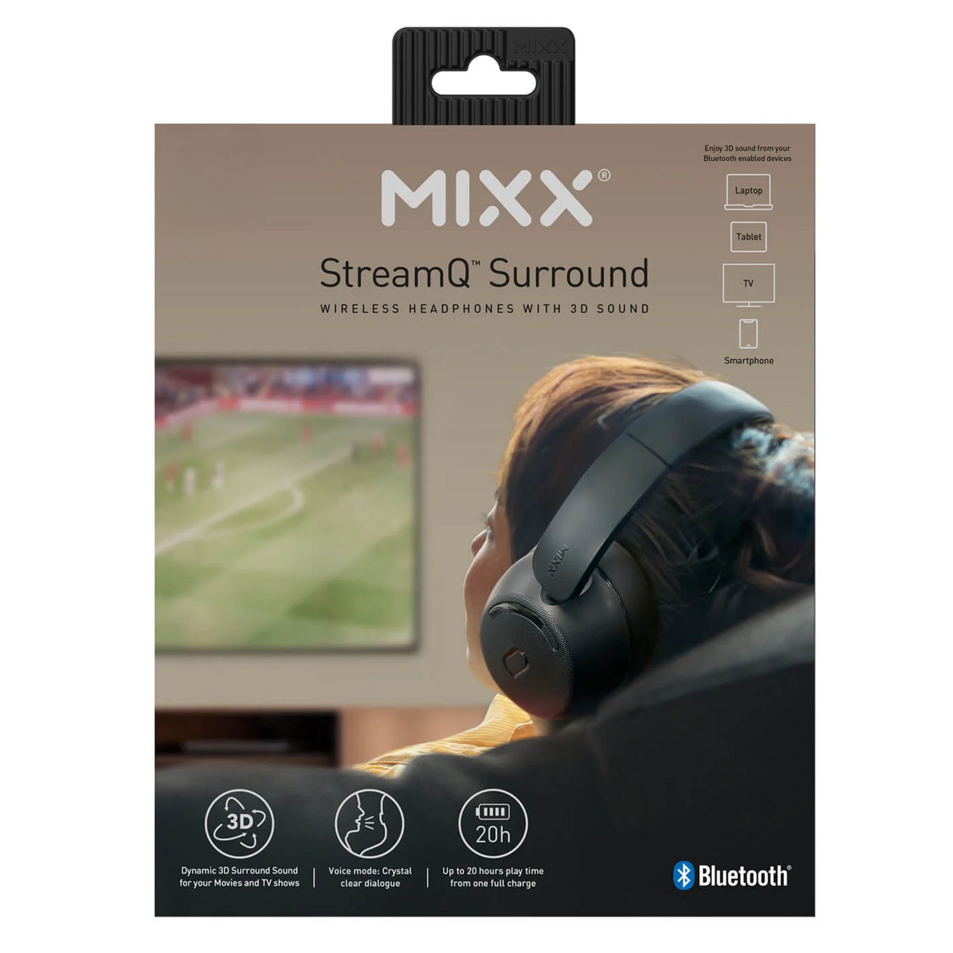 MIXX StreamQ Surround TV Trådløse hovedtelefoner på æske med 3D surroundlyd, Bluetooth og bred enhedskompatibilitet.