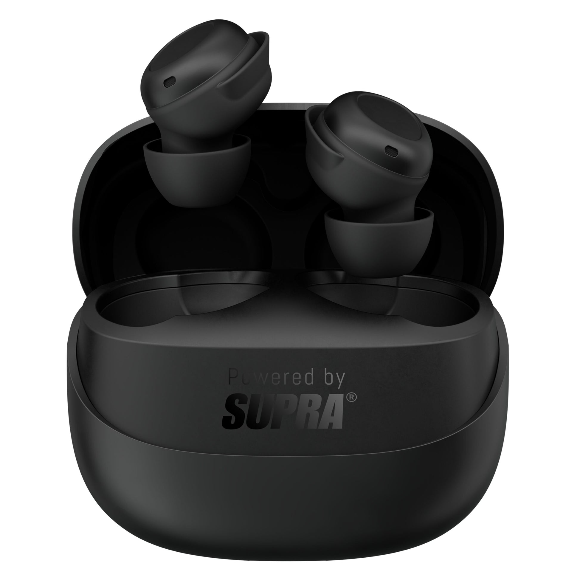 Supra ZERO-TX2 Mini True Wireless sorte hovedtelefoner i åben sort etui med "Powered by SUPRA"-logo, op til 25 timers batteri.