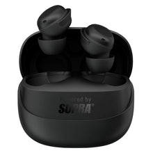 Supra ZERO-TX2 Mini True Wireless sorte hovedtelefoner i åben sort etui med "Powered by SUPRA"-logo, op til 25 timers batteri.