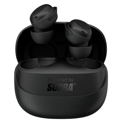 Supra ZERO-TX2 Mini True Wireless sorte hovedtelefoner i åben sort etui med "Powered by SUPRA"-logo, op til 25 timers batteri.