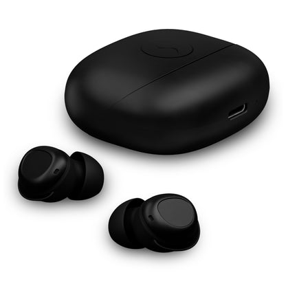 Supra ZERO-TX2 Mini True Wireless sorte in-ear hovedtelefoner foran matchende opladeetui med USB-port, op til 25 timers batteritid.