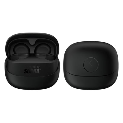 Supra ZERO-TX2 Mini True Wireless hovedtelefoner i ladeetui, étui vist åbent og lukket, op til 25 timers batteritid.