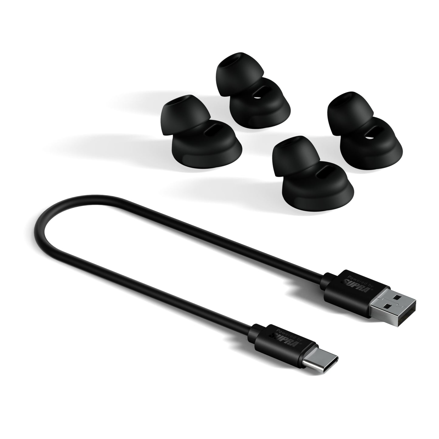 Supra ZERO-TX2 Mini True Wireless tilbehør: USB-A til USB-C kabel og 4 par sorte silikone ørepropper i forskellige størrelser.