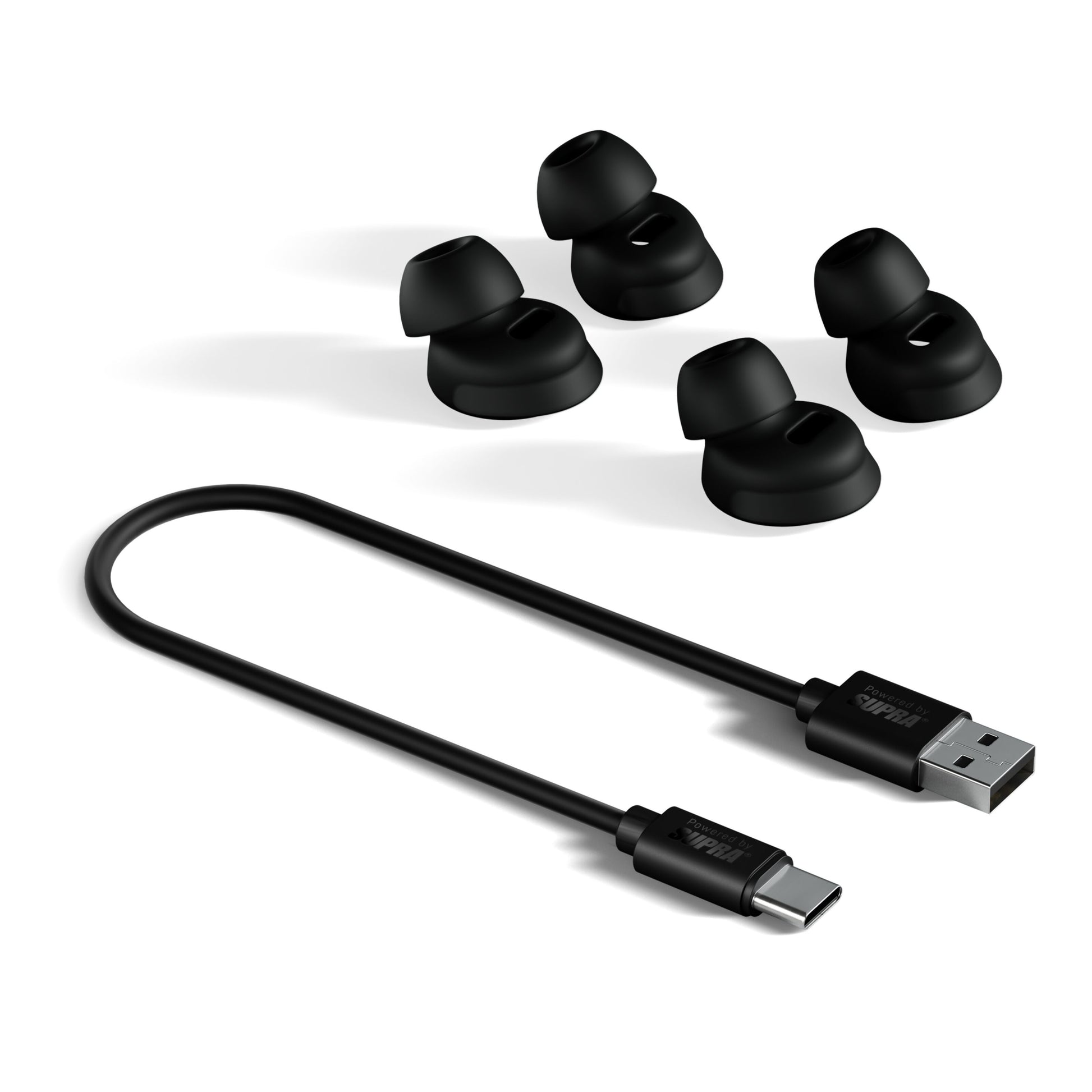 Supra ZERO-TX2 Mini True Wireless tilbehør: USB-A til USB-C kabel og 4 par sorte silikone ørepropper i forskellige størrelser.