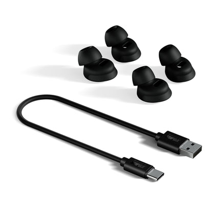 Supra ZERO-TX2 Mini True Wireless tilbehør: USB-A til USB-C kabel og 4 par sorte silikone ørepropper i forskellige størrelser.