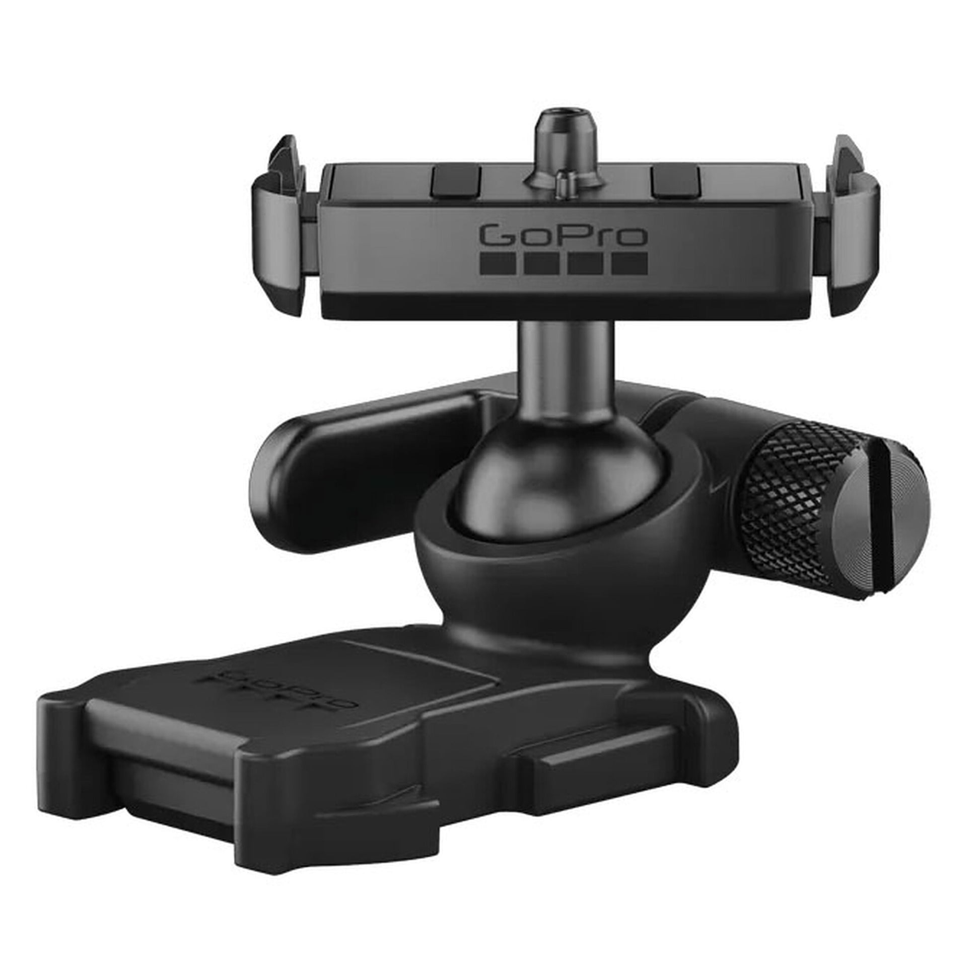 GoPro magnetisk lås kugleled, sort beslag med justerbar holder, rillet låseknap, drejeled og quick-release base.