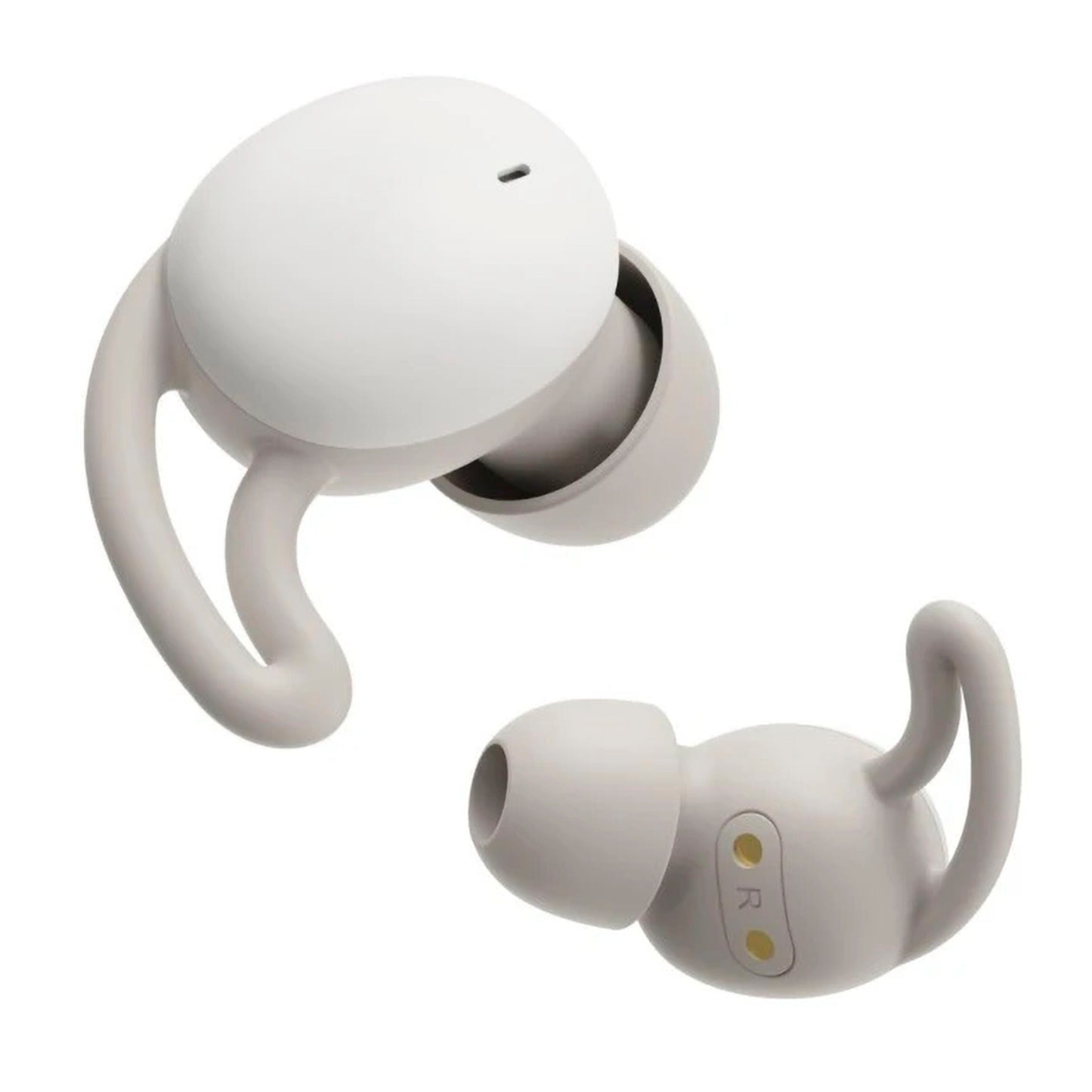 Hama Spirit Calm TWS øretelefoner lysegrå med ørekroge og silikonepropper vist fra flere vinkler.