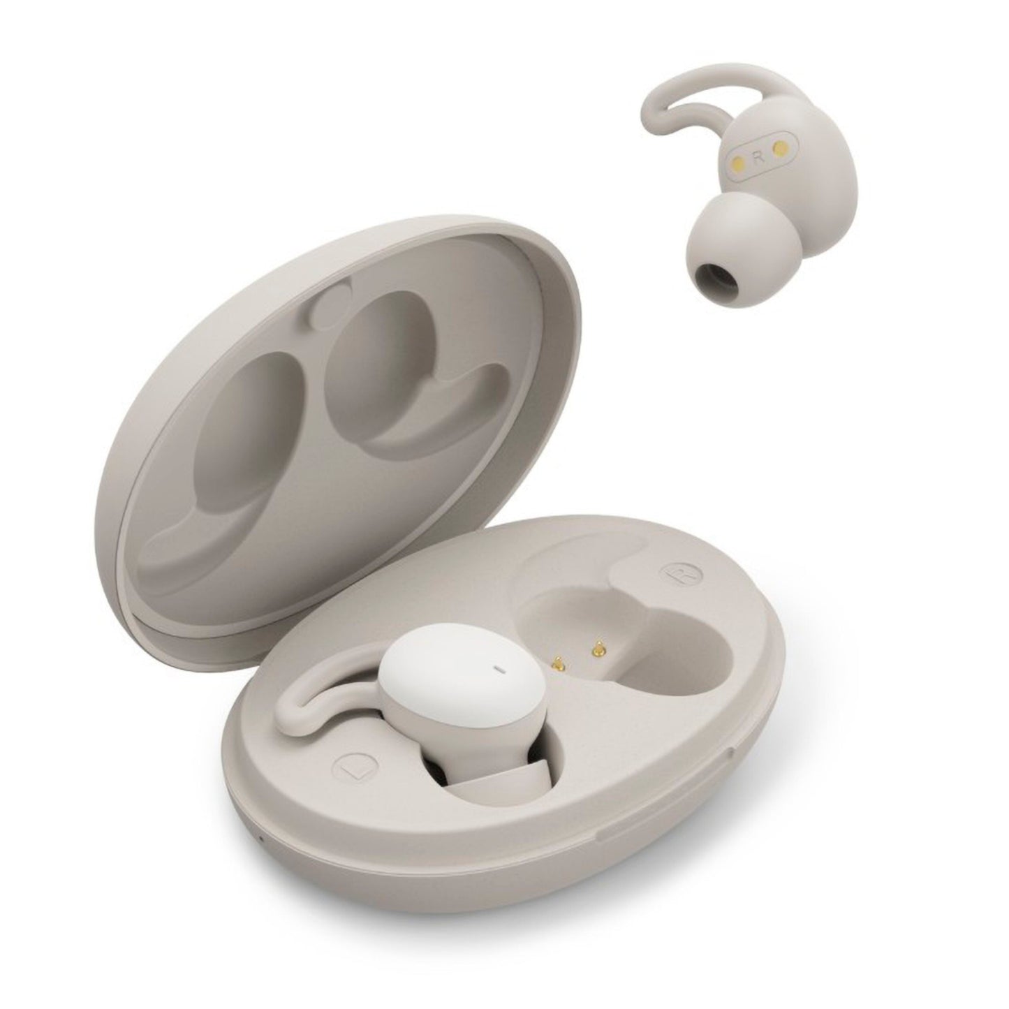 Hama Spirit Calm TWS øretelefoner beige med opladeetui, ørebøjler og guldfarvede ladepunkter, én øreprop uden for etui.