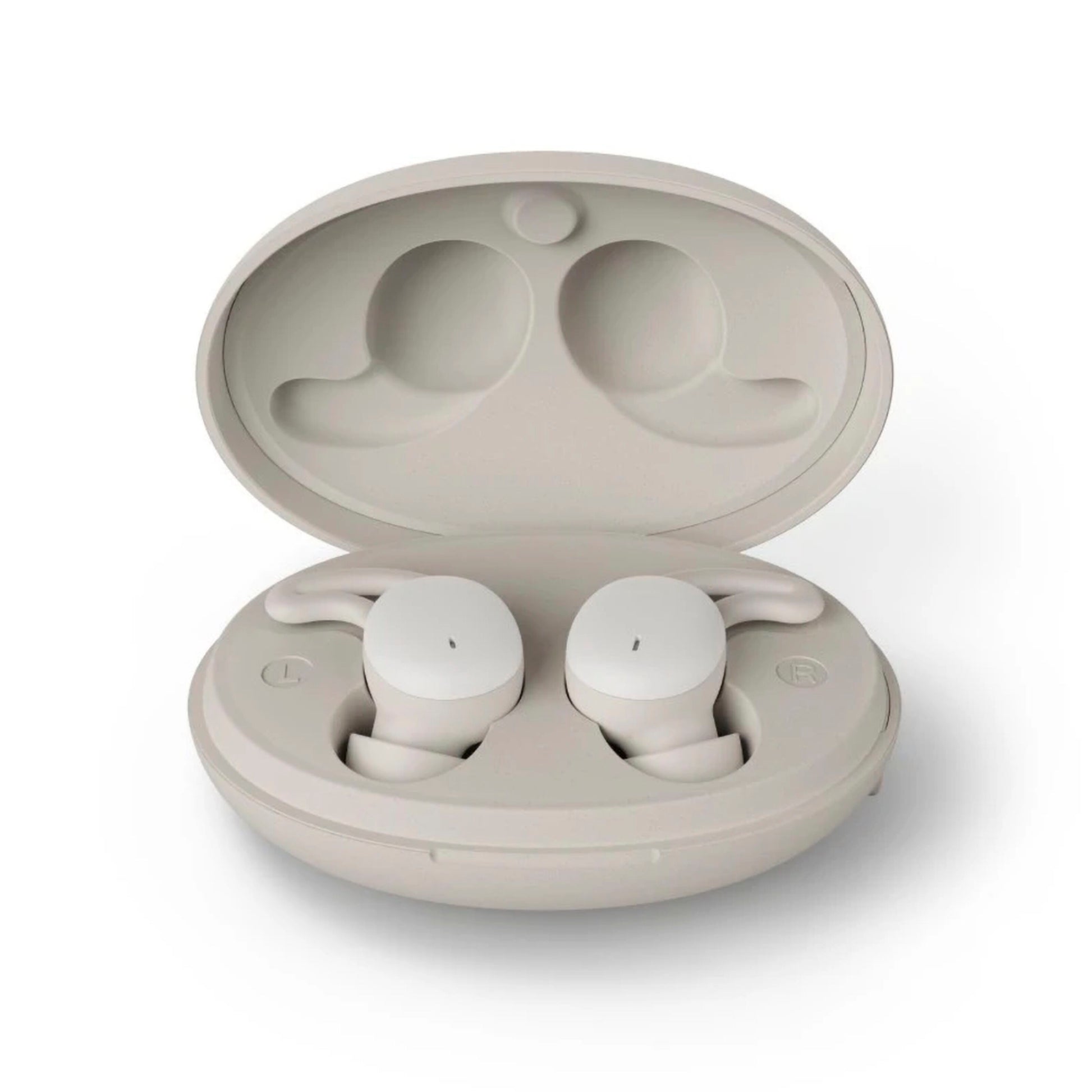 Hama Spirit Calm TWS øretelefoner i åben oval opladeetui, sort design.