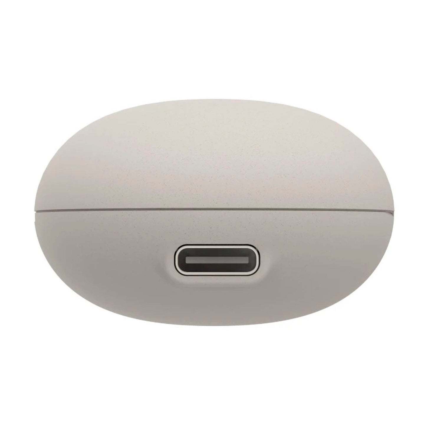 Hama Spirit Calm TWS øretelefoner opladeetui, beige, oval form, frontvisning med central USB-C port.