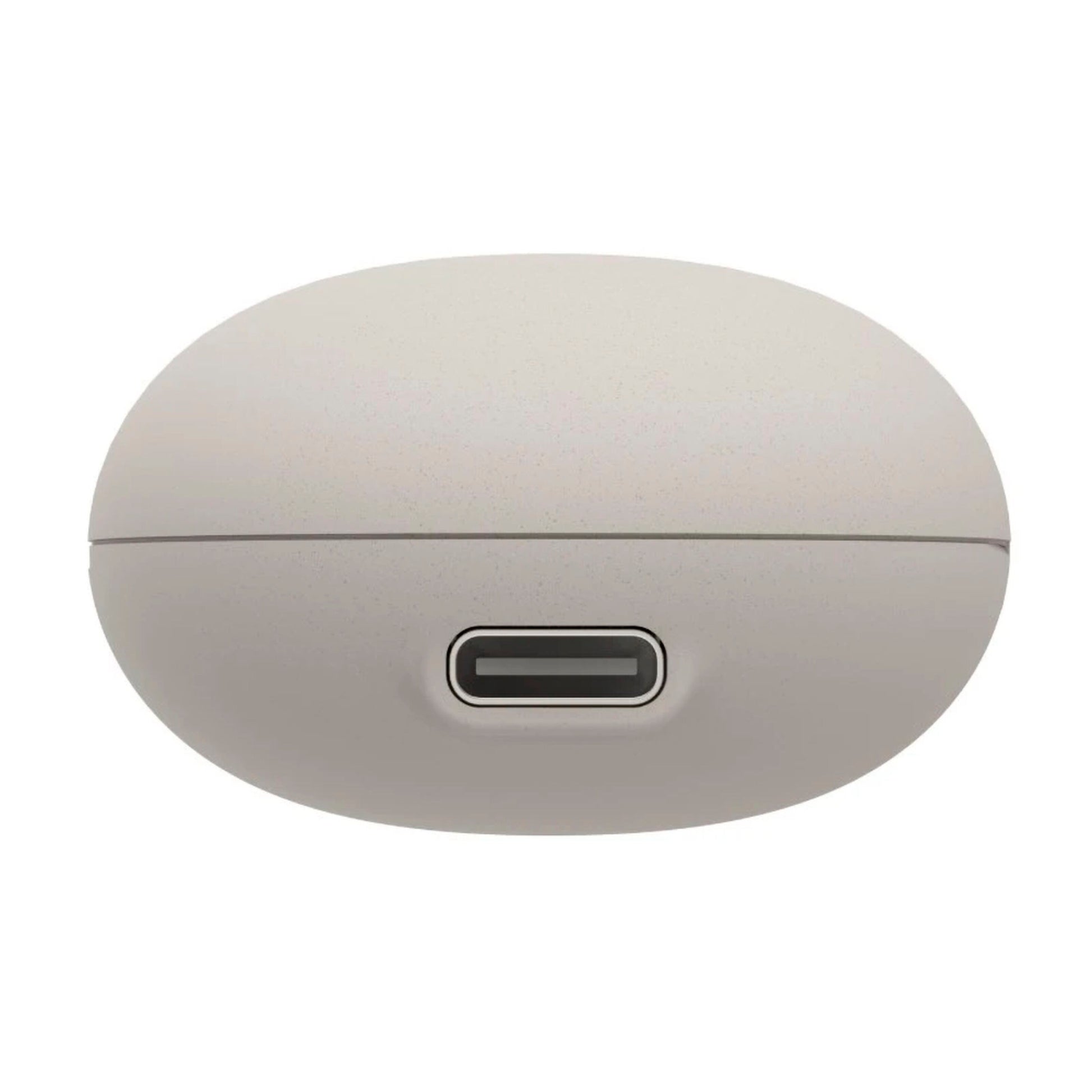 Hama Spirit Calm TWS øretelefoner opladeetui, beige, oval form, frontvisning med central USB-C port.