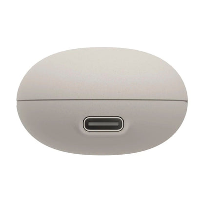 Hama Spirit Calm TWS øretelefoner opladeetui, beige, oval form, frontvisning med central USB-C port.