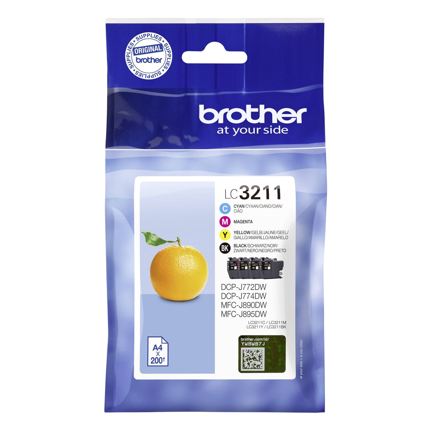 Brother LC3211 Blækpatron 4-pakke, blå/hvid emballage, orange motiv, modelinfo, kompatible printere, ikoner, tekst.