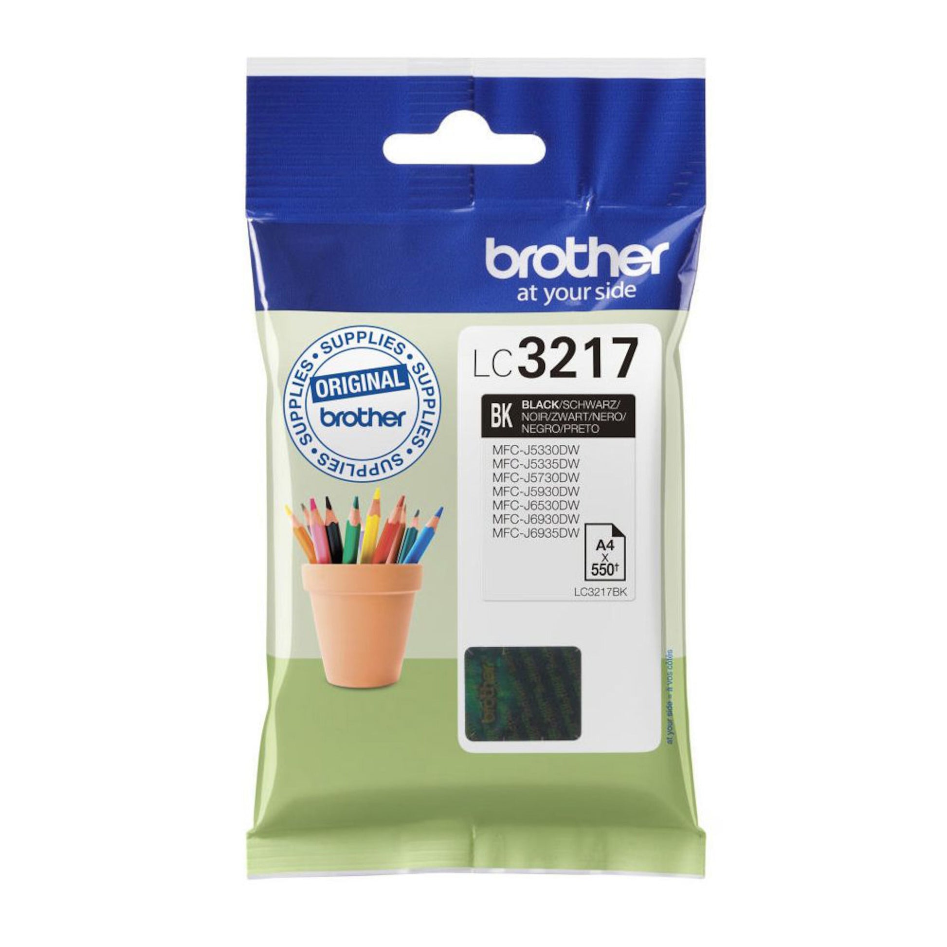 Brother LC3217BK sort blækpatron med emballage med farvede blyanter på blå baggrund og info om kompatible printermodeller.