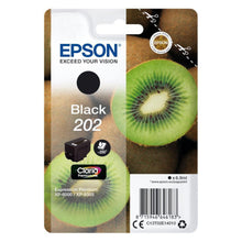 Epson T02E1 sort blækpatron emballage med skivet kiwi, produktlogo, stregkode og XP-6000/XP-6005 kompatibilitet.