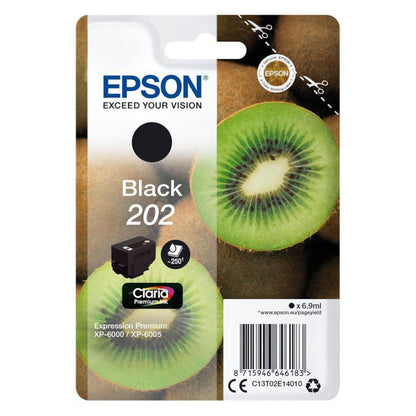 Epson T02E1 sort blækpatron emballage med skivet kiwi, produktlogo, stregkode og XP-6000/XP-6005 kompatibilitet.