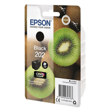 Epson T02E1 sort blækpatron med emballage, kiwi-motiv, printerikoner, stregkode, Epson T02E1-kompatibel.