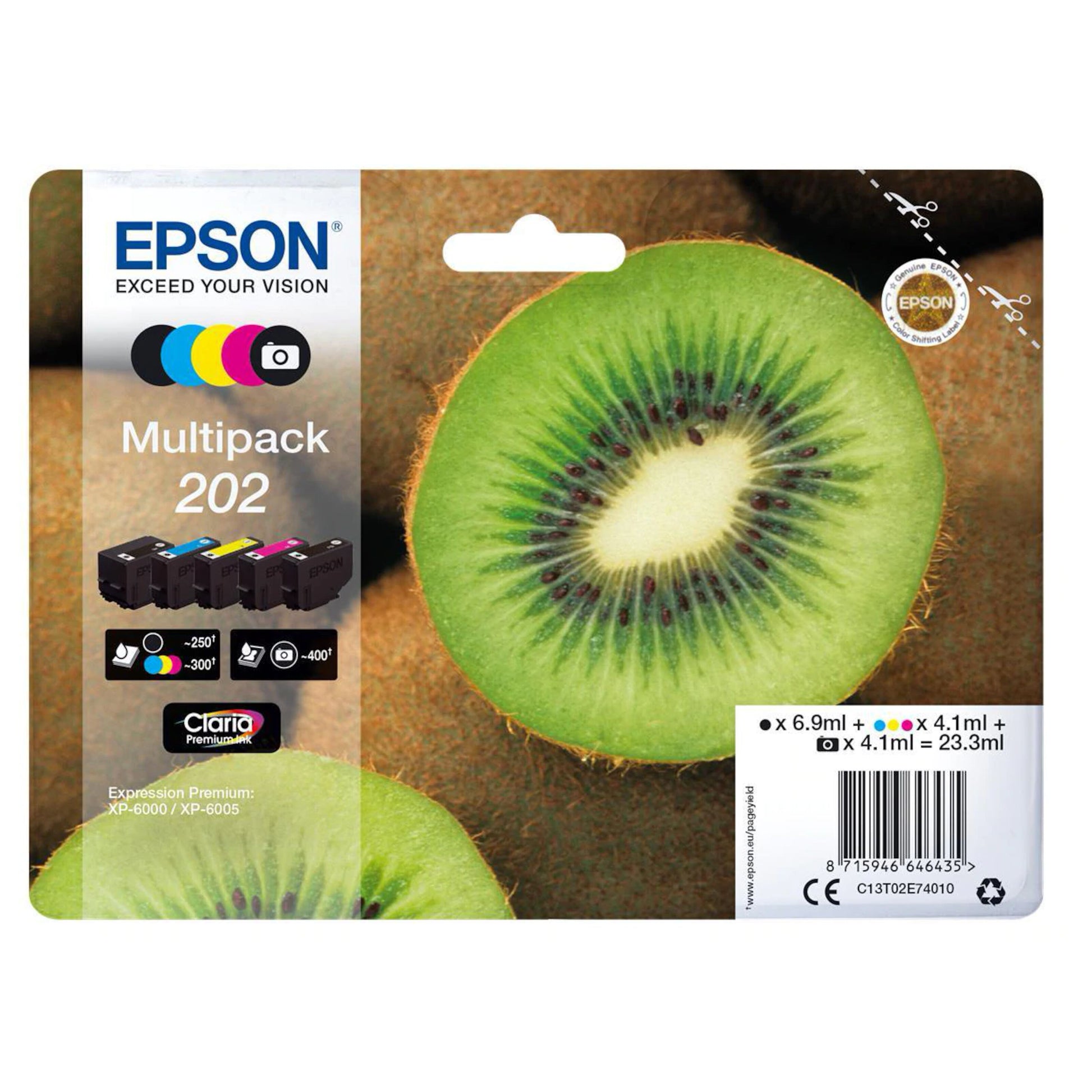Epson T02E7 blækpatroner 5-pak med emballage med skåret kiwi, patronikoner og farverige detaljer til Epson printere.