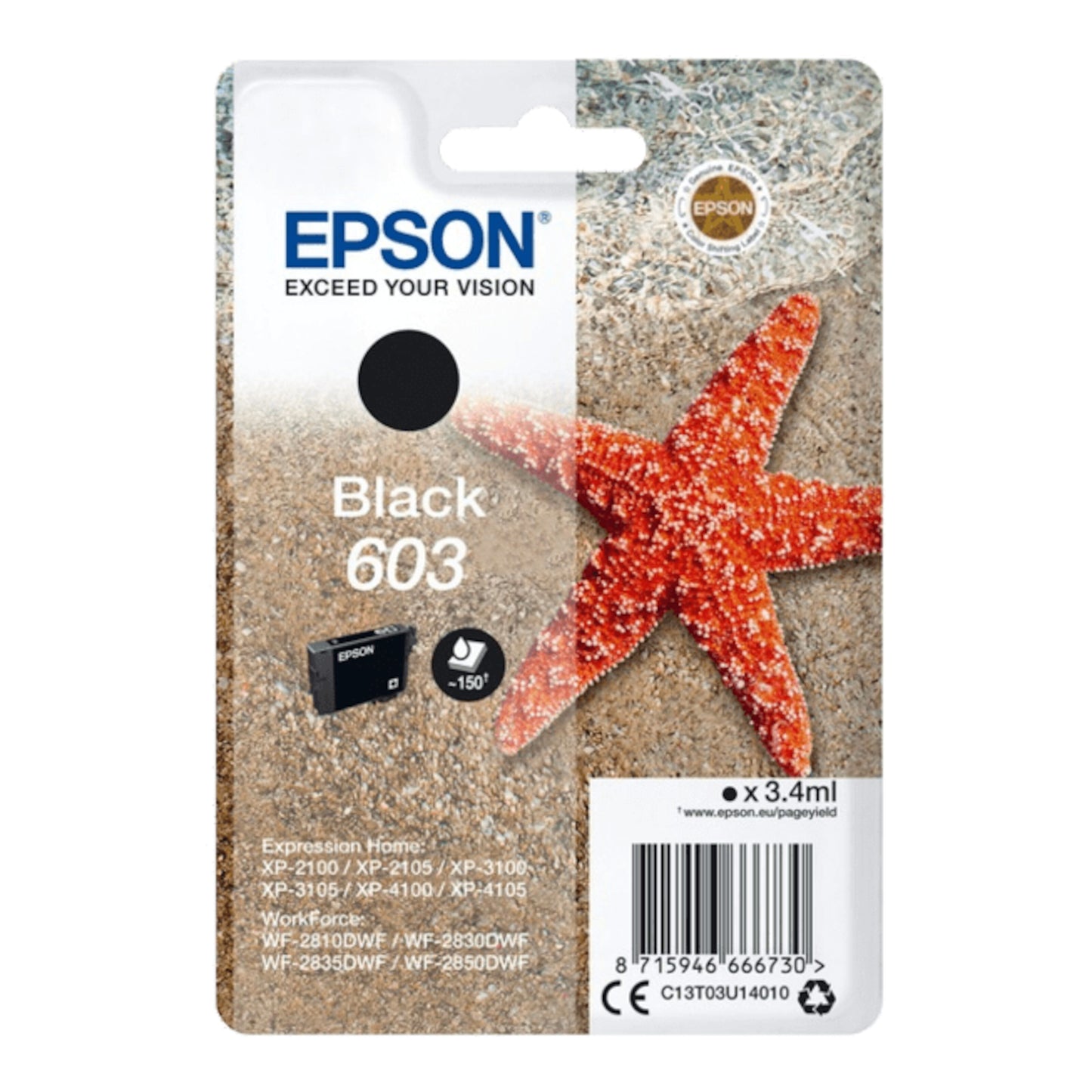 Epson T03U1 blækpatron sort 3,4 ml, rød søstjerne på emballage, kompatible printere og stregkode vist nederst.