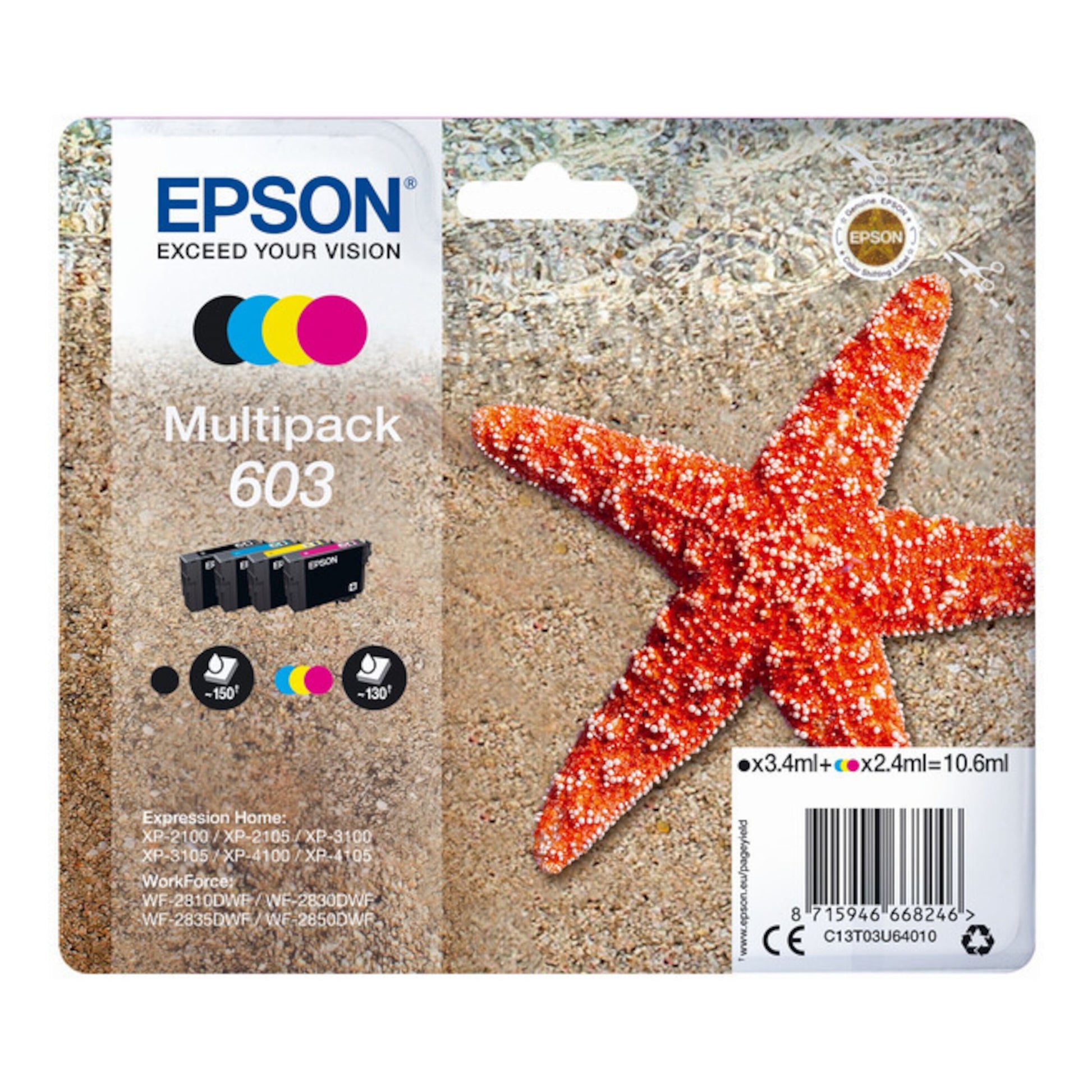 Epson T03U6 (603) blækpatroner 4-pakke med farvet emballage, orange søstjerne, ikoner, patronbilleder og produktinfo.