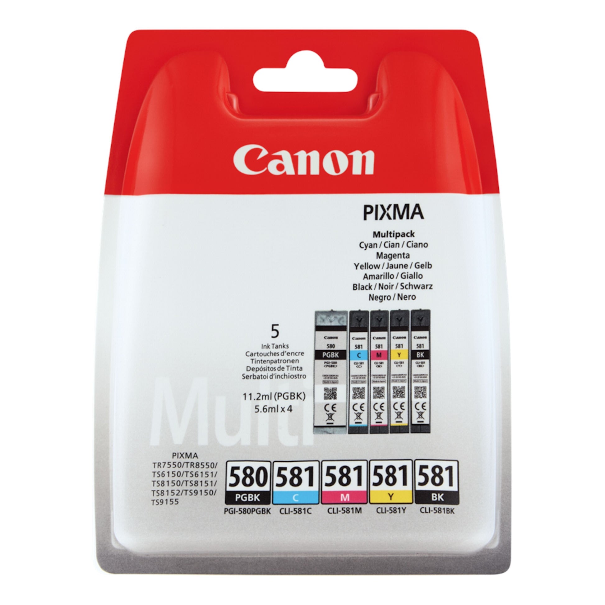 Canon PGI-580 og CLI-581 blækpatron 5-pack, sort, cyan, magenta, gul, fotosort i rød-hvid æske med 580/581 numre.