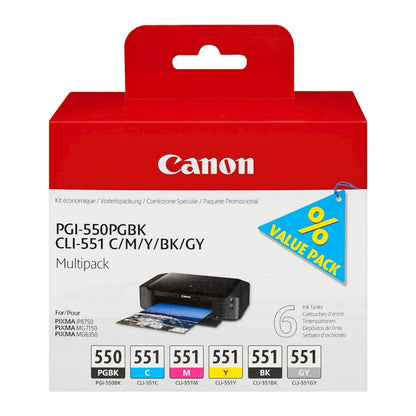 Canon PGI-550 og CLI-551 blækpatron 6-pakke æske med Canon printer, enkeltpatroner og blå Value Pack-banner.