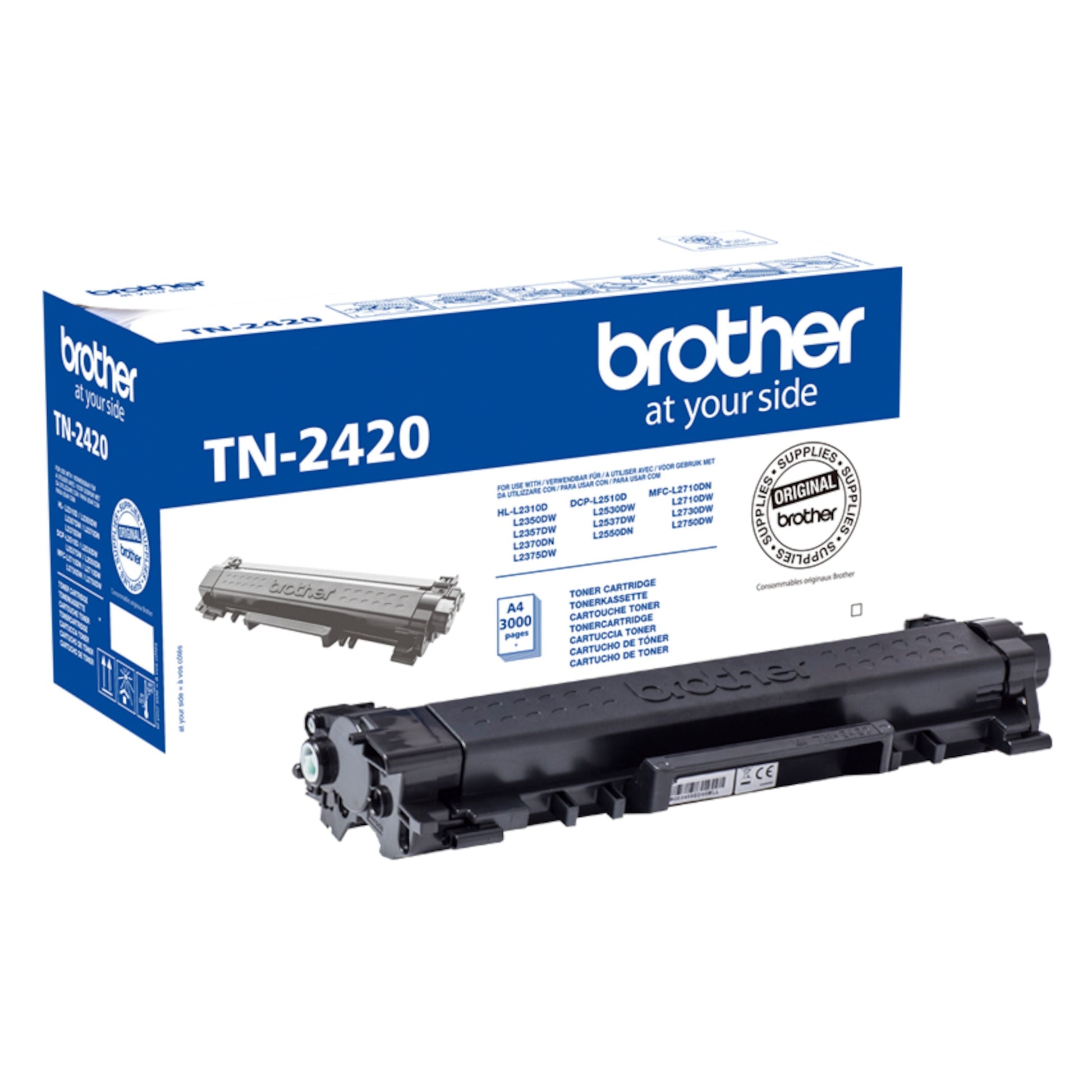 Brother TN-2420 sort tonerpatron, op til 3000 sider, passer til flere modeller, leveres i original blå/hvid æske.
