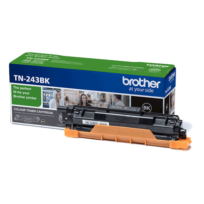 Brother TN-243 sort tonerpatron foran æske med Brother-logo, produktinformation og grøn-blåt design.