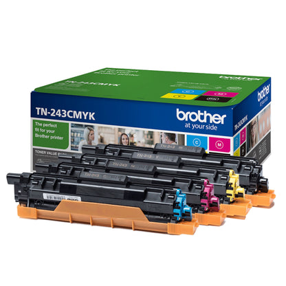 Brother TN-243 tonerpatron 4-pak (cyan, magenta, gul, sort) foran farverig æske til Brother laserprintere.