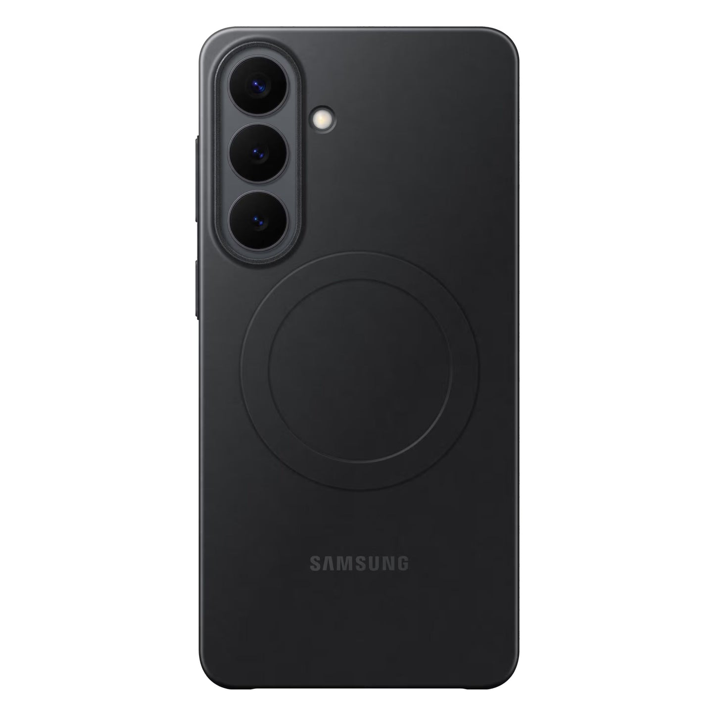 Sort Galaxy S26 Slim Magnet Etui, bagside med tre lodrette kameralinser, LED-blitz, cirkulær midtermarkering, trådløs opladning.