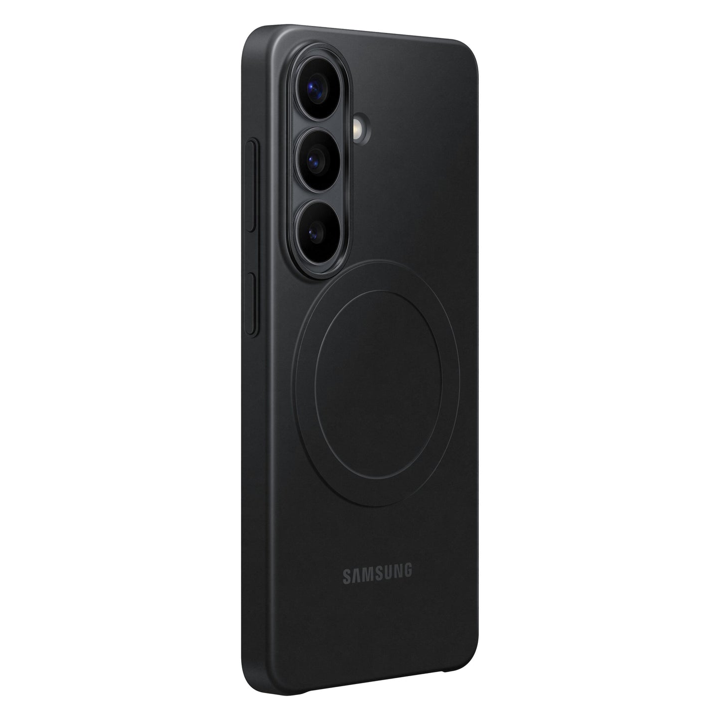 Samsung Galaxy S26 sort med tredobbelt taskekamera og cirkulært taskedesign, stående, kompatibel med Slim Magnet Etui.