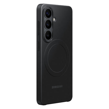 Samsung Galaxy S26 sort med tredobbelt taskekamera og cirkulært taskedesign, stående, kompatibel med Slim Magnet Etui.