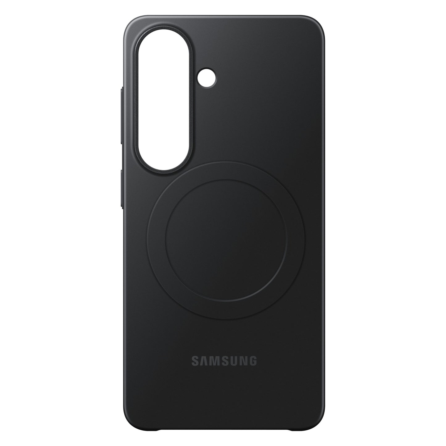 Samsung Galaxy S26 Slim Magnet Etui sort med stor kameraudskæring, cirkulært design og trådløs opladning, Samsung-logo nederst.