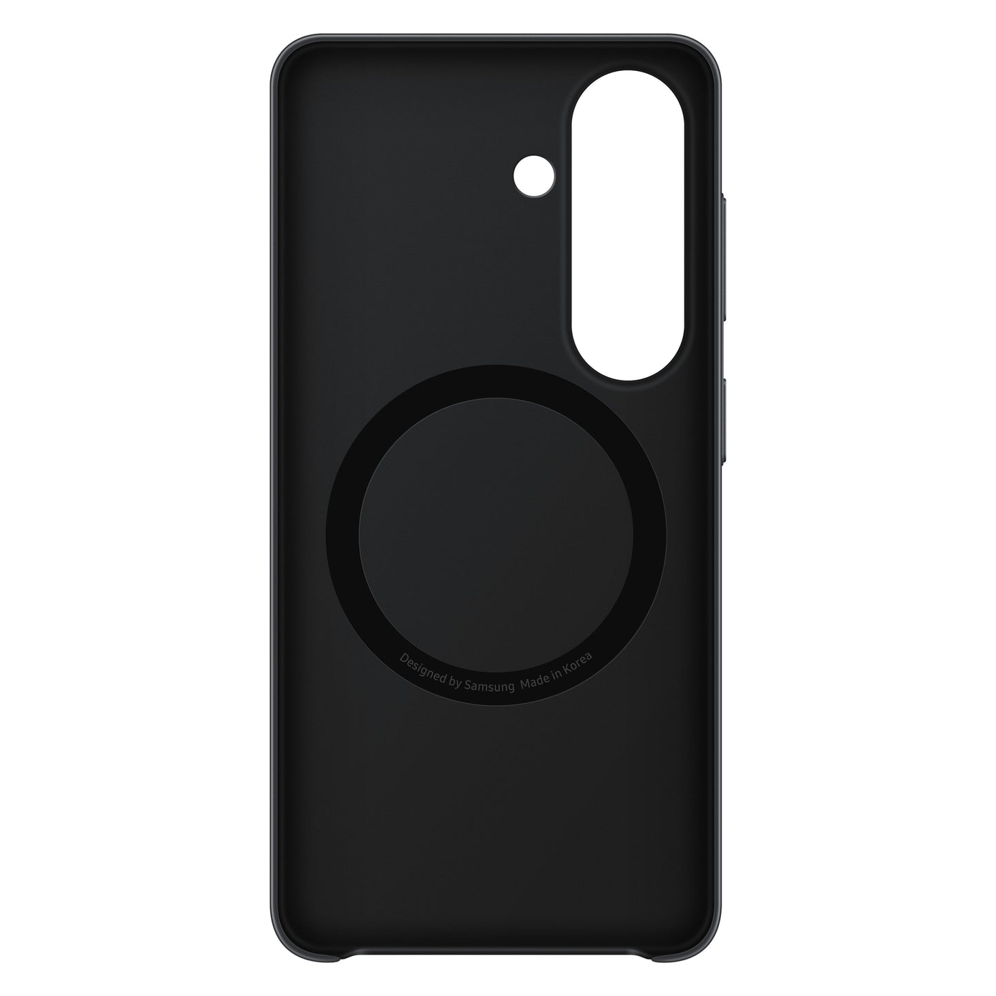Samsung Galaxy S26 Slim Magnet Etui sort med central cirkulær detalje, præcise kamera-/flashudskæringer, trådløs opladning.