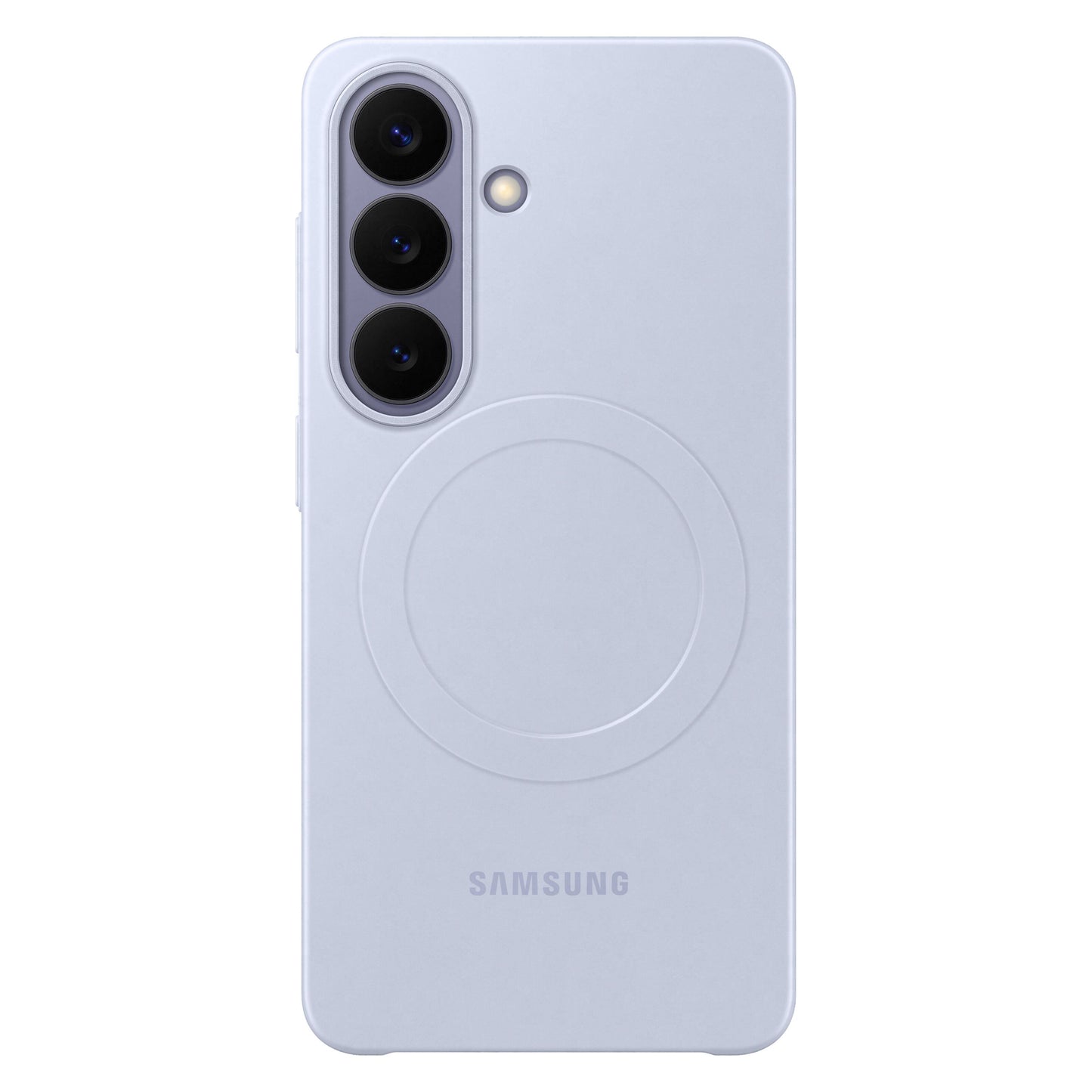 Samsung Galaxy S26 Slim Magnet Etui violet, sæt bagfra med tre lodrette kameraer, trådløs opladningscirkel og Samsung-logo.