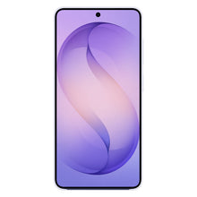 Samsung Galaxy S26 Slim Magnet Etui violet med tynd hvid ramme og lilla S på skærm, til magnetcover og trådløs opladning.