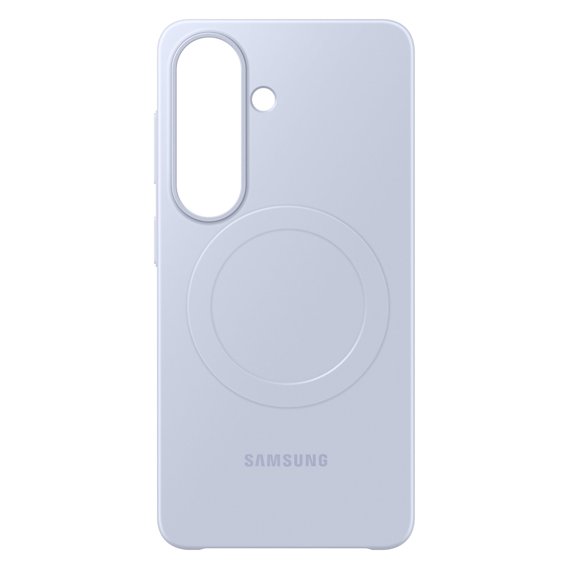 Samsung Galaxy S26 Slim Magnet Etui violet med cirkulært mønster og stort kamerahul i øverste venstre hjørne, trådløs opladning.